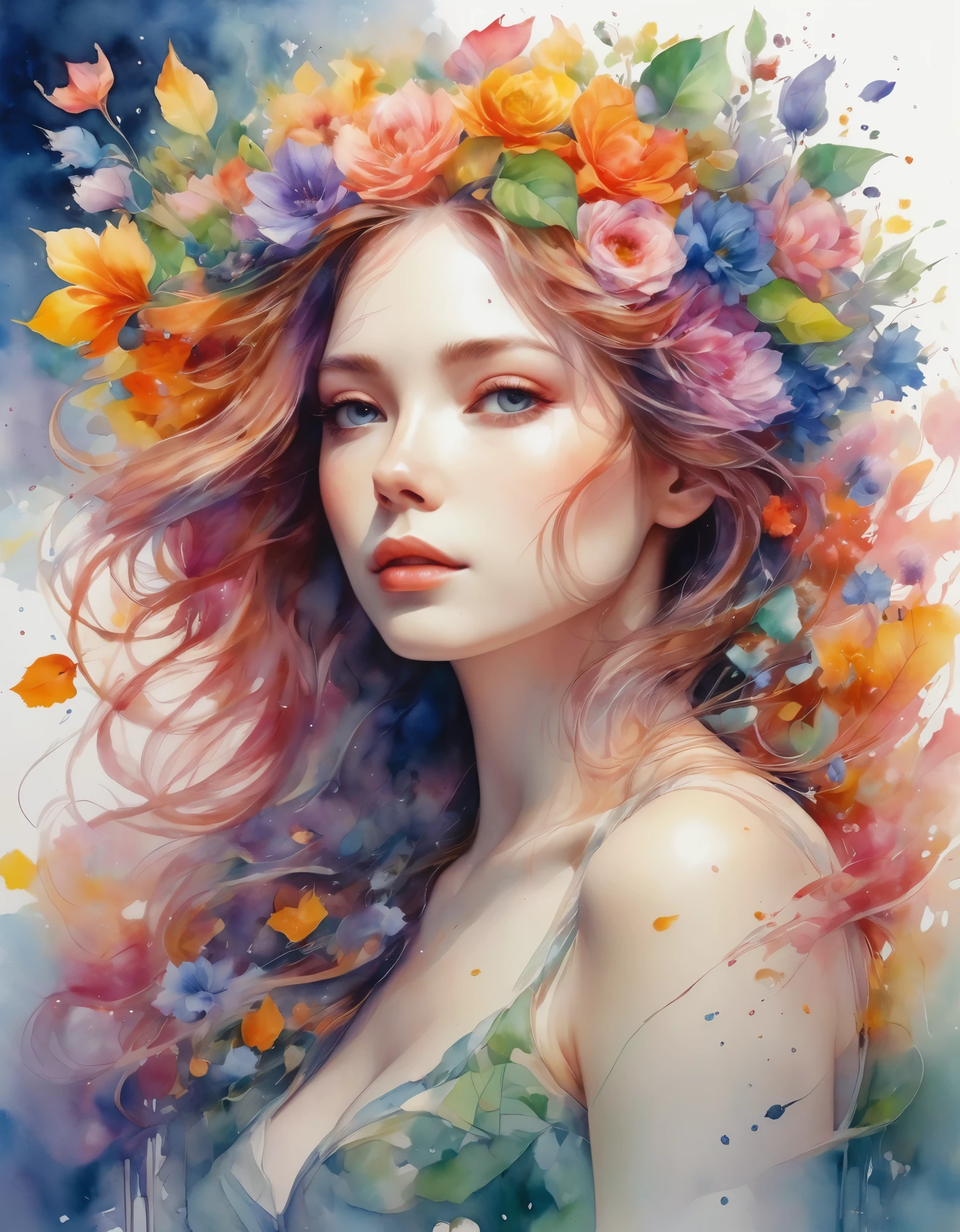 高质量, 8K 超高清, 高详细, 水彩, 清洗技术, 丰富多彩的, 一幅油漆散落的画, 像艾格尼丝·塞西尔 (Agnes Cecile) 一样绘画, 模糊, 苍白的触感, 轮廓模糊, 童话 (卡通着色):: 用花朵色彩制作的美丽女人, 花卉和植物, 切割并组合花瓣和叶子, 用花朵的颜色和形状画出女人的头发和衣服, 鲜艳的色彩和自然, 发光主义, 3D 效果, 增强美感, 艾伯特·安克, 感觉像约翰·豪, 格雷格·鲁特科斯基, 感觉像京都动画, 艾特杰姆, 沃洛普, 阿方斯·比普尔, 发光主义, 等距, 令人惊叹的全彩,