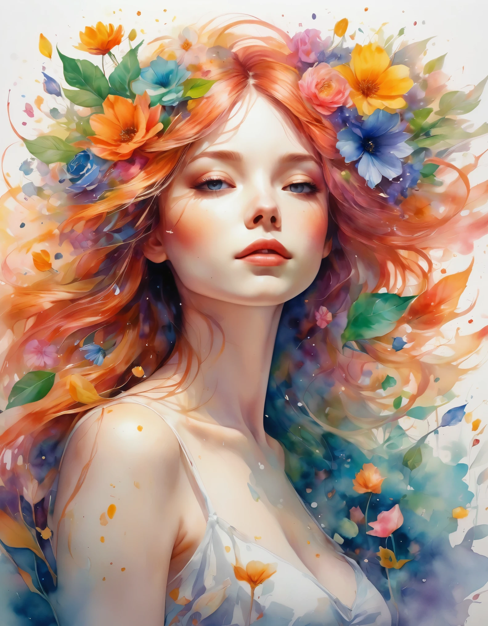 high quality, 8K Ultra HD, high detailed, Watercolor, wash technique, colorful, A painting with scattered paint, Painting like Agnes Cecile, blurry, pale touch, smudged outline, fairy tale (toon shading):: Beautiful woman made with flower colorage, flowers and plants, cutting and combining petals and leaves, drawing women's hair and dresses using the colors and shapes of flowers, vivid colors and nature, luminism, 3D effect, enhanced beauty, Albert Anker, Feeling like John Howe, Greg Rutkowski, Feeling like Kyoto Animation, Artgerm, WLOP, Alphonse Beeple, luminism, Isometric, awesome full color,