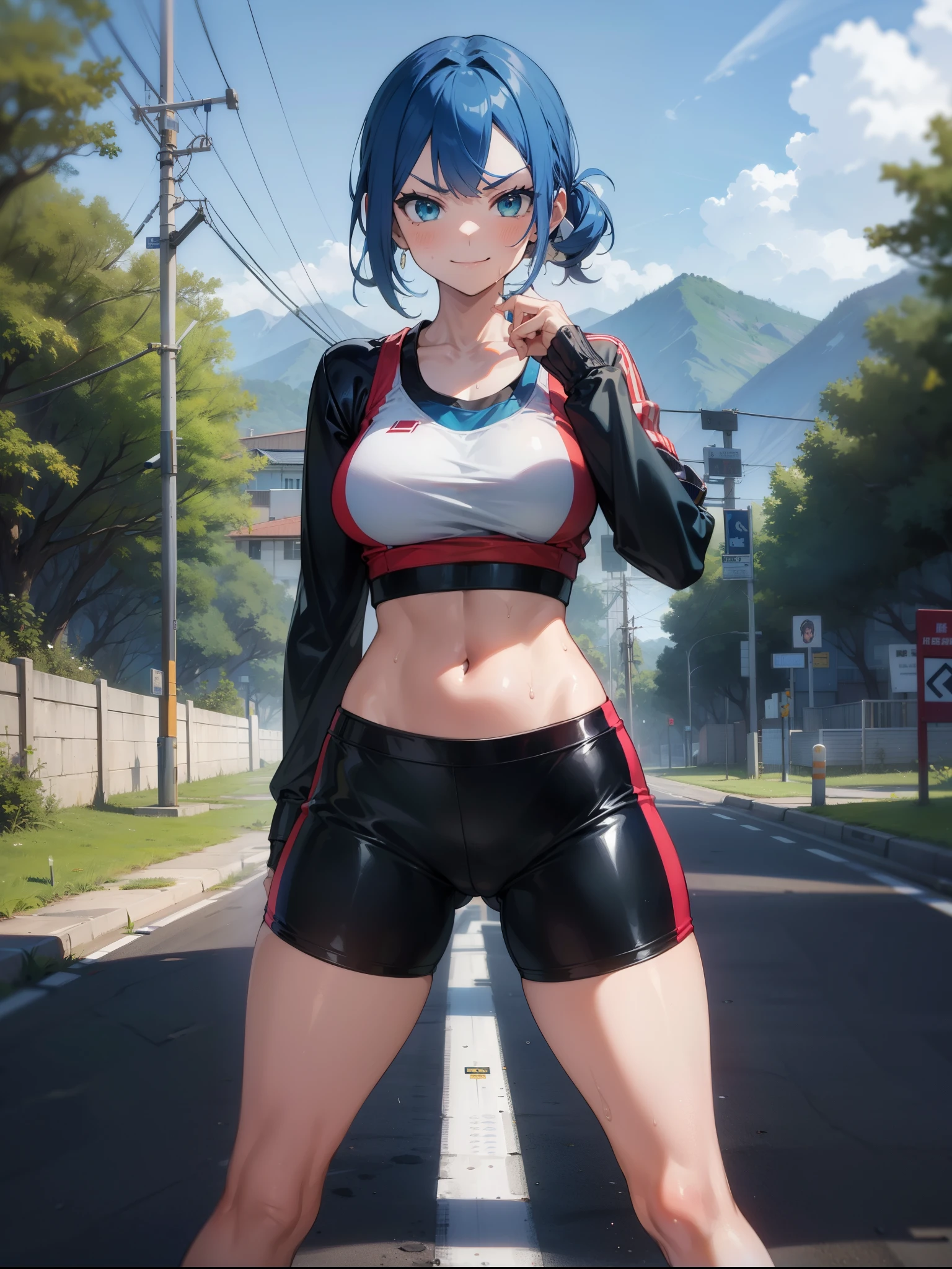 (masterpiece, best quality, detailed), 1girl, solo, looking at viewer, makaidji, blue hair, green eyes,
sportswear, sports bra, sweat, tight clothes, crop top overhang, bike shorts, road, utility pole, guard rail, road sign, power lines, hill, railing, scenery, outdoors, mountainous horizon, landscape, fighting stance, (clenched hands), legs apart, smug, smile, closed mouth, v-shaped eyebrows