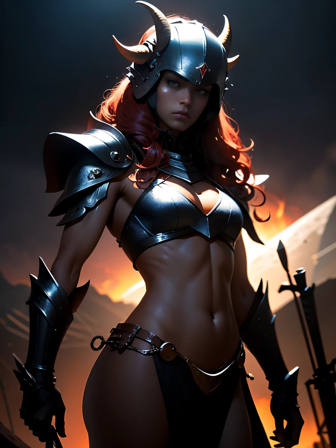 Beautiful female warrior from hell, Armor with great attention to detail, Detailed face, Stern expression, Glowing red eyes, Fiery Hair, Primitive clothing, A helmet with large goat horns, Platinum Breastplate, Scars of battle, Muscular, With a bloody sword, Dark cloudy sky, Lightning strikes, Ruins and destruction in the background, Moody lighting, Structure of the film, Digital Art, Very detailed, Realistic, A calming color palette, Dark fantasy, slim, Different space