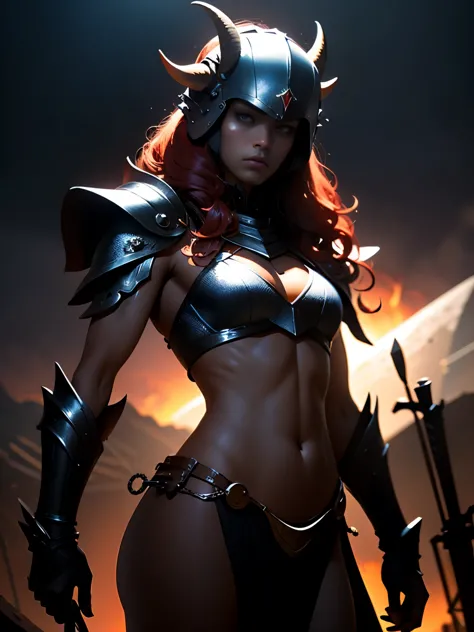 Beautiful female warrior from hell, Armor with great attention to detail, Detailed face, Stern expression, Glowing red eyes, Fie...