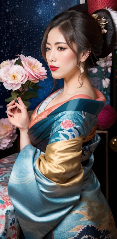 (Obra maestra, mejor calidad:1.3), (lineal grueso), (medios tradicionales falsos), alta resolución, Arte oficial, mejor ilustración, (Resolución 8K), oiran, 1 chica, mujer madura, solo, ropa japonesa, desde arriba, senos, obi, Elegante, Intrincado, fantástico, cuento de hadas, arte de fantasía, (cara detallada), acostado en un lecho de flores, en la espalda, (Hermoso eyes, mirando al espectador, lápiz labial), Cabello muy largo, Voluminoso, cola de caballo baja, profundidad de campo, silueta, Perfecto, constituir, Hermoso, (detalles:1.2), camelia, Varios colores, Vívido, vistoso, brillante, cielo, Estrellas, iluminación global lumínica, (fondo en el estilo de Hokusai Katsushika:1.3), agua, ondulaciones