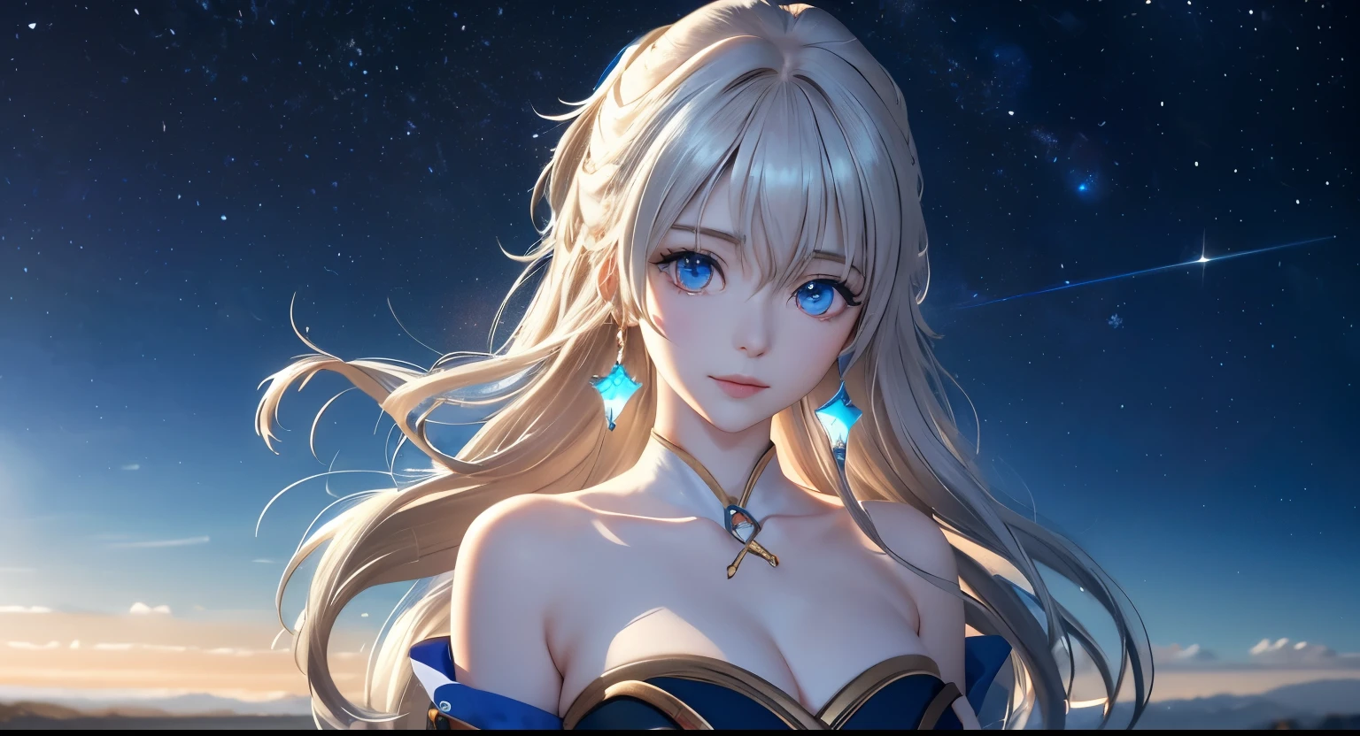 Nao Tomori/(Charlotte/), anime style, 1girl Focused, (close up face Photography)!!, UHD, masterpiece, high quality, high details, best quality, highres, HD, 4K, depth of field, light over face, symmetry, Hasselblad, an extremely delicate and beautiful, extremely detailed, Amazing, finely detail, masterpiece, best quality, official art, Highres, incredibly Highres, huge filesize, ultra-detailed, highres, extremely detailed, beautiful detailed girl,  female focus, mature female, (sexy Asian female:1.45), adult, ultra white skin, delicate face, delicate skin, realistic skin, make over face, (looking at viewer)!!, (curvy hair with double tied up)!!, (bare shoulders)!!, blush, closed mouth, seductive smile, fresh lips, detached sleeves, earrings, fingernails, hair between eyes,  White hair bangs, (ultra shine white hair)!!, very long hair, detailed realistic hair, nontraditional Nao Tomori, (sharp eyes)!!, (eye's pupils colored by Blue:1.25)!!, (homochromatic eyes)!!, (exposed eyes)!!, Fantasy art, starlit city, starry night, fantasy world, Mystycal Sky, celestial beauty, enchanted evening, magical scenery, dreamy vista, futuristic fantasy, mystic mountains, night sky magic, fairy tale setting, cosmic view, mytichal city, ethereal night, fantasy journey, legendary land,  (1girl sleep at waterpoll)!!, (Close up face photography)!!!, Nao Tomori/(Charlotte/), (correct anatomically)!!