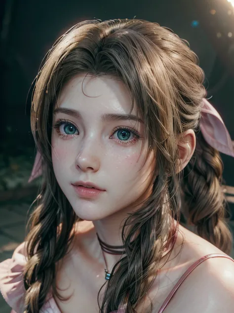 (masterpiece, 最high quality:1.4), (Future Day), (One girl), alone, (European youth:1), Aerith Gainsborough, choker, Cropped jack...