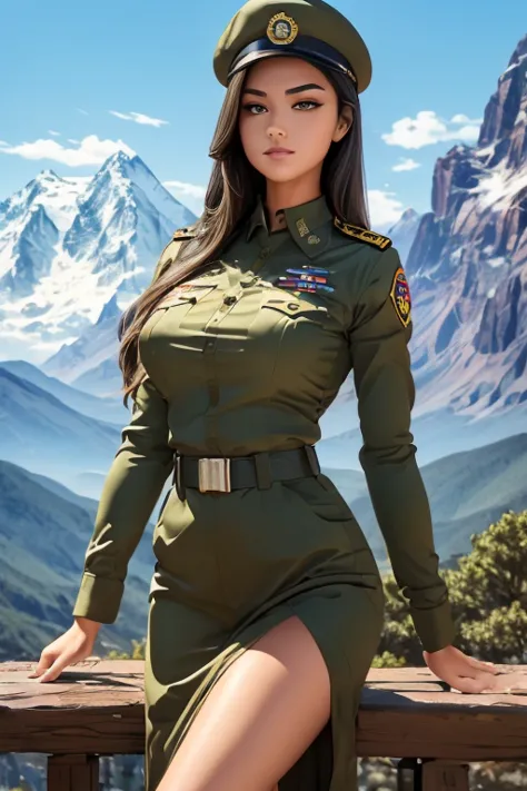 Spectacular unforgettable girl is a specialforcessoldier. She wears a khaki uniform, the background is mountains. anatomical pre...