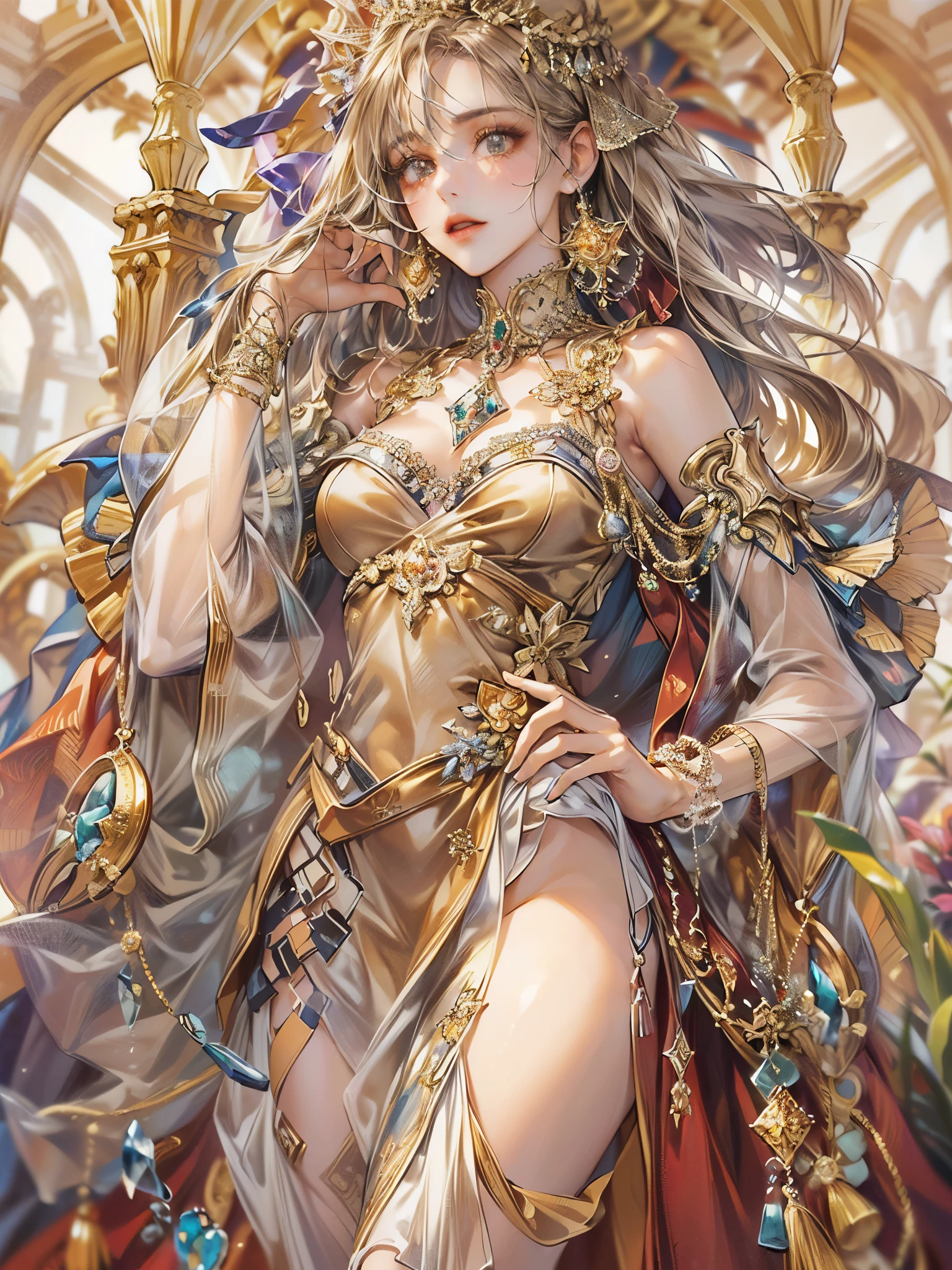 ((highest quality)),(Ultra-high resolution),(Very detailed),(Detailed Description),((The best CG)),(A masterpiece),Ultra-detailed art,Amazing drawing art,(Art with precise detail:1.5), (Adult female:1.5),(Jewelry embedded with gemstones that runs between the breasts:1.5),(A front-open dress with detailed and detailed depictions:1.5),(Glamorous Body:1.5),Slim Belly:1.4