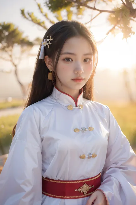 a girl, ancient chinese costume, whole body, sunshine, clear face, clean white background, masterpiece, super detail, epic compo...