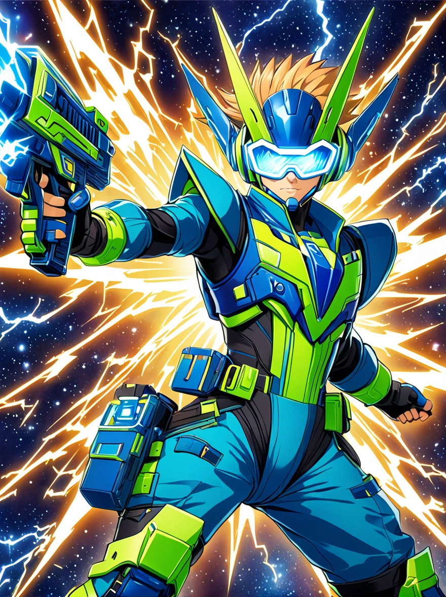 1boy, solo, Lightning energy，Electricity elements，Wearing a pointed headdress，Wearing large rectangular glasses，Blue Highlight Lightning，Wearing bright blue and green square clothing，High heel boots，Holding an electric weapon，Space starry sky background，Galactic battleship，Fighting Stance，Explosion，Best quality，Original，Cartoon Style，Vector illustration，Smooth and clear brushstrokes，precise，Anime Illustrations，Super Detail，Anatomically correct，masterpiece, 1djxz1