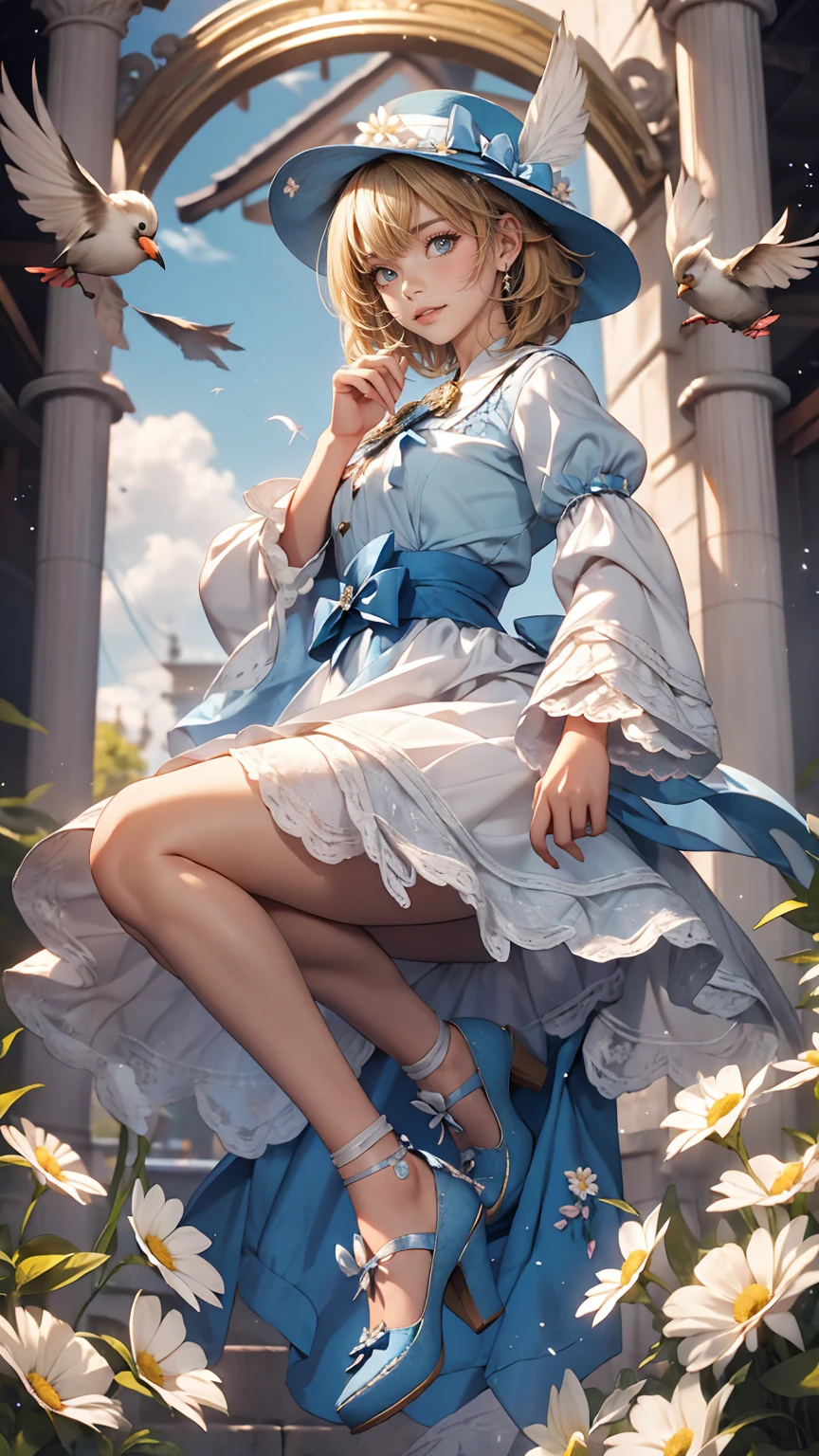 uekura, One girl, Blonde Hair, White Background, Have, dress, Blue footwear, wing, Simple Background, sign, flower, Manicure, Wide sleeves, Long sleeve, blush, animal, white flower, alone, whole body, bird, View Viewer, High heels, Put your hand on your cheek, put your hand on your face, Frills, bow, bangs, ribbon, Bell, Blue hat, +_+, shoes下, short hair, Grey Eyes, shoes, Blue Claws, feathered wing, blue bow