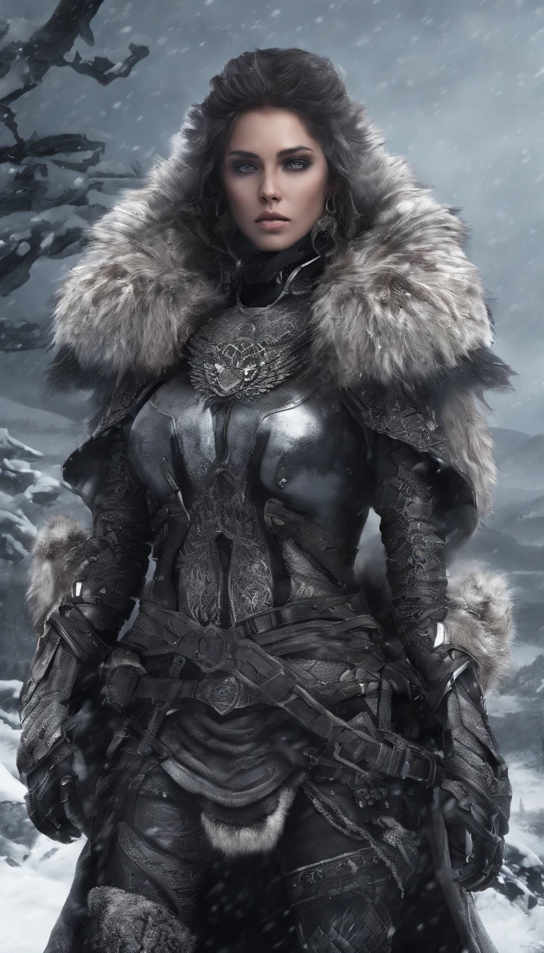 intricate detailed fantasy warriors couple, 1man 1woman, extremely detailed eyes, extremely detailed lips, elegant armor, big wild animal furs, winter landscape, heavy snow, stormy windswept, fantasy world, cinematic lighting, dramatic colors, highly detailed, 8k, photorealistic, conceptart style