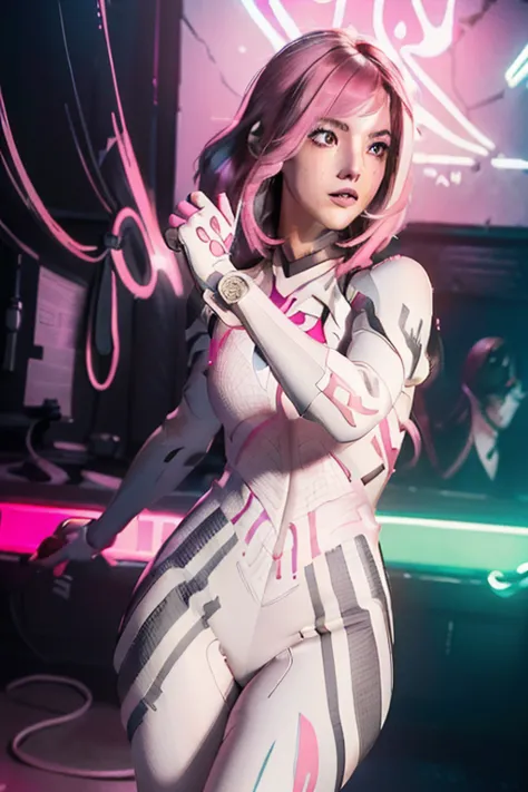 Arknights girl (masterpiece), best quality, expressive eyes, (((in hyper realistic and detailed neon-lit sci-fi plugsuit pink & ...