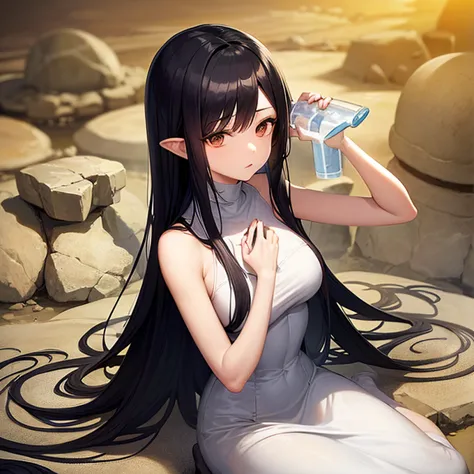 Mature woman with long black hair and wearing white clothes, (On the rocks of the desert:1.5), (Rest in an oasis:1.2, Have a met...