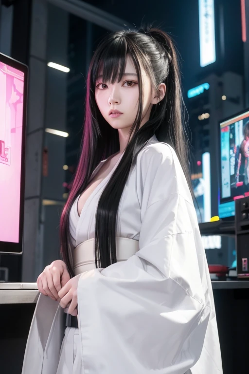 Digital Cyberpunk Art 32k，Complex，Very detailed，Long black hair、Wearing white short hakama armor、Japanese women、Medium chest、In front of countless monitors