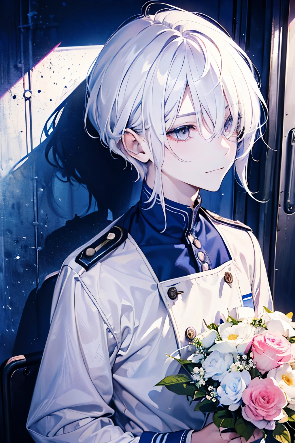 ((17years old man:1.2)),((male:1.5)),masterpiece, best quality,(milky White hair:1.45), (portrait),(shiny NAVY eyes:1.5), white wedding dress,(pop and cute flower pattern background), (perfect hand:1.2),(pink,yellow,purple,white),looking front,((Her bangs are so long that they cover one eye:1.3)),A shy smile,(Looking up:1.2),((train:1.4)),((upper body)),((Top view:1.1)),((Station staff uniform:1.3))