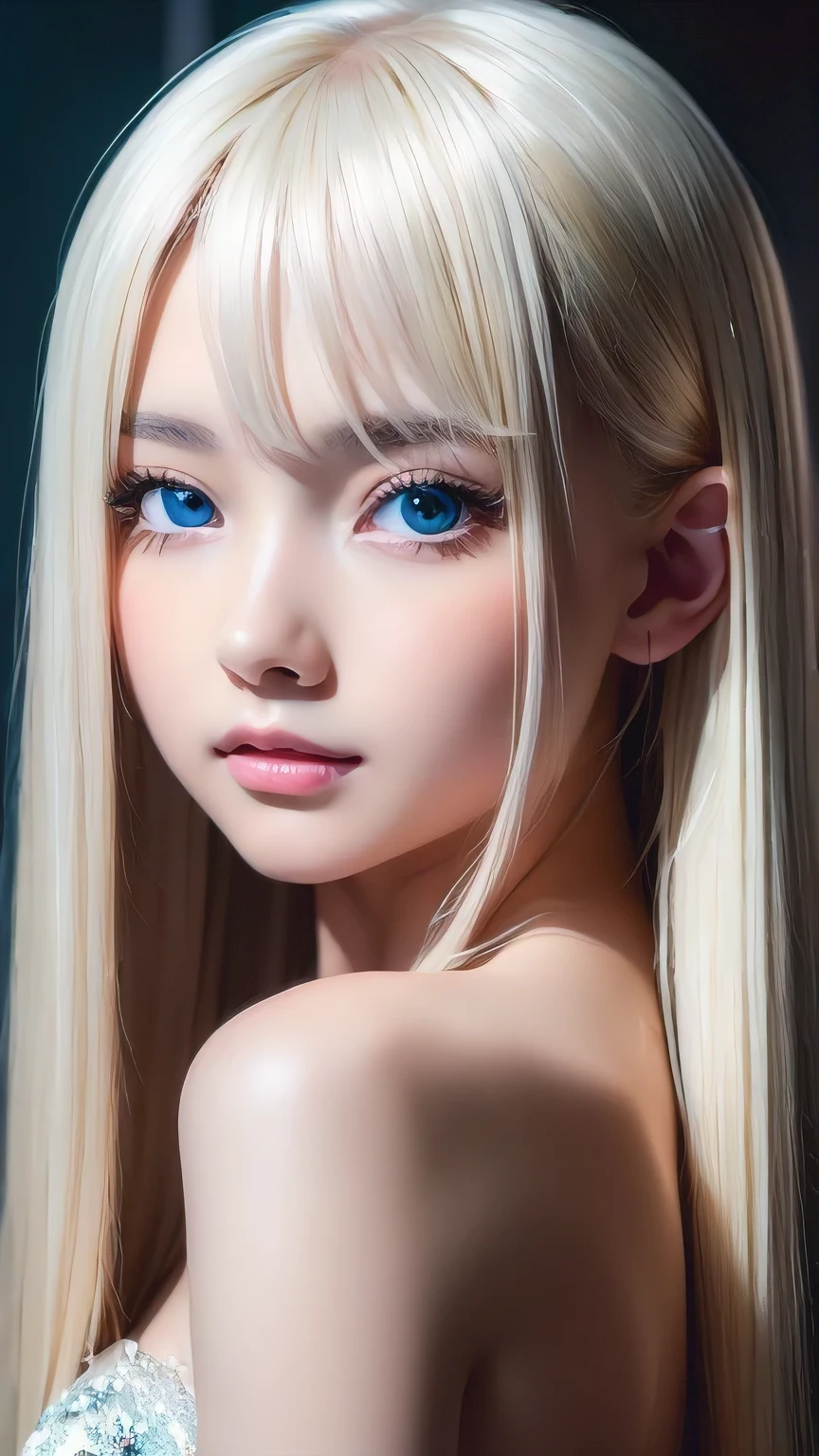 Exceptional beauty、Beautiful calm expression、Refreshing appearance、Perfect beautiful pretty face、long bangs between the eyes,、Super long platinum blonde straight hair、Hair on a beautiful face、Very cute beautiful sexy young little woman、Very perfect beautiful pretty face、Big eyes of bright light blue that shine beautifully、Small Face Beauty、Round face