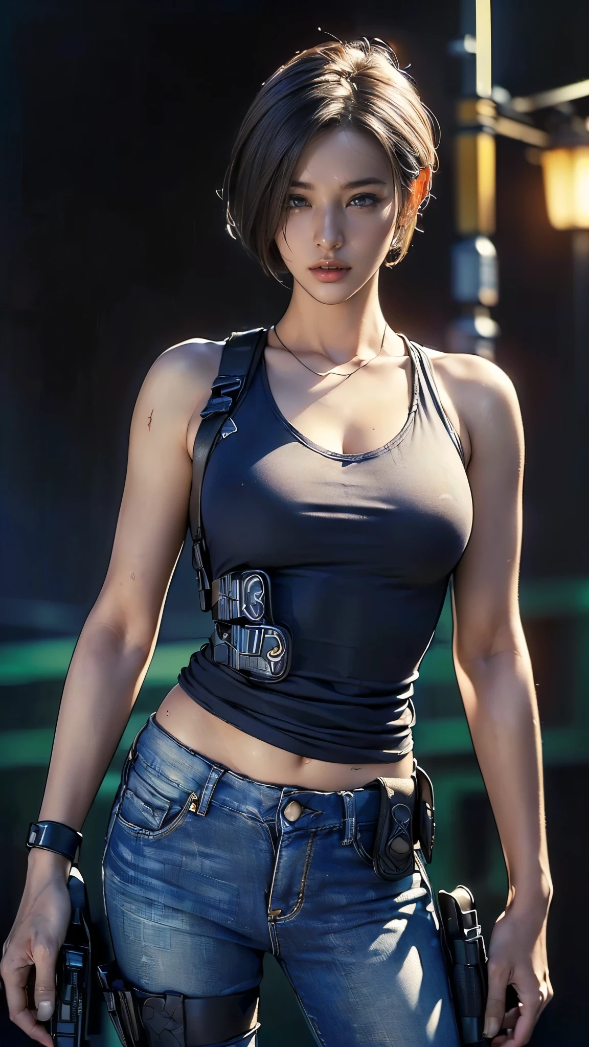 (One Woman),(whole body:1.5),(front:1.5),(((Jill Valentine is standing:1,5))),((Blue tank top:1.5)),((Dirty jeans:1.5)),(((black tactical holster:1.5))),((White sneakers:1.5)),((Anger:1.5)),(short hair:1.5),(Dirty Face:1.5),(Beautiful Eyes:1.3),(Very detailedな顔:1.5),((Very detailed drawing of a female hand:1.5)),((muscular:1.5)),((Sexy Looks:1.5)),(Beautiful body:1.5),(Very sensual:1.5),(The background is an American-style night city:1.5),((biohazard style:1.5)),(((Blur the background:1.5))),(Written boundary depth:1.5),BREAK(((masterpiece:1.5),(highest quality:1.5),(Very detailed:1.5),(High resolution:1.5),(Realistic:1.5),(Photorealistic:1.5),(Delicate depiction),(Careful depiction))),8K,wallpaper