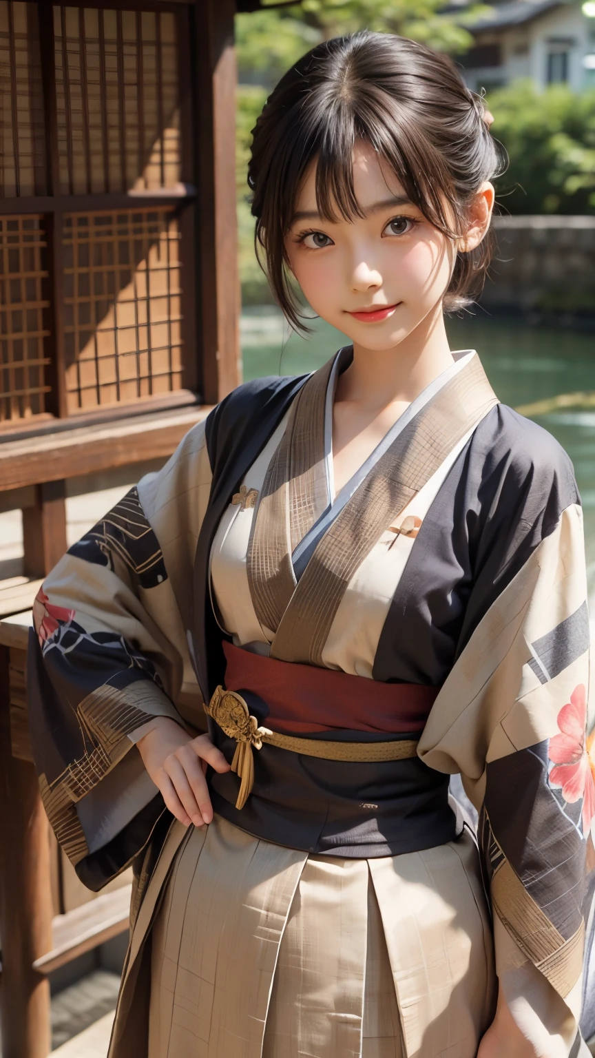 Une fille, seul, kimono, Cheveux courts, Bras, épée, yeux marrons, Voir la visionneuse, kimono, cheveux bruns, Lèvres, Mains sur les hanches, gaine, sourire, couteau, cheveux noirs, Haut du corps, Bouche fermée, gaineed, Lève ta main  