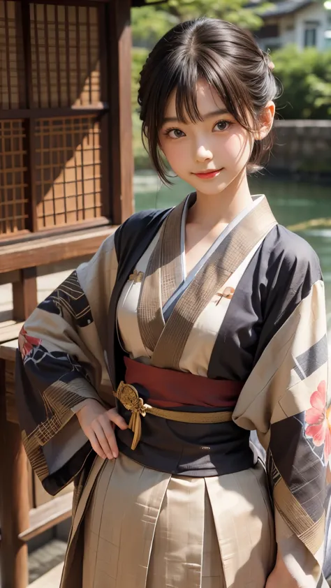 One girl, alone, kimono, short hair, arms, sword, Brown eyes, View Viewer, kimono, Brown Hair, lips, Hands on hips, sheath, smil...
