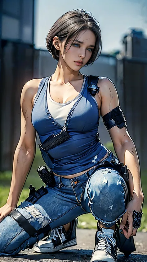 (One Woman),(whole body:1.5),(front:1.5),((Jill Valentine squatting:1,5)),((Blue tank top:1.5)),((Dirty jeans:1.5)),(((black tac...