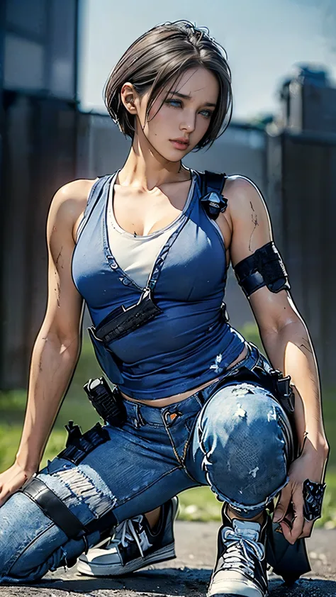 (one woman),(whole body:1.5),(front:1.5),((jill valentine squatting:1,5)),((blue tank top:1.5)),((dirty jeans:1.5)),(((black tac...