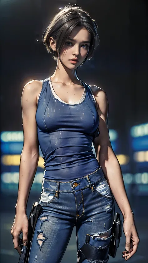 (One Woman),(whole body:1.5),(front:1.5),(((Jill Valentine is standing:1,5))),((Blue tank top:1.5)),((Dirty jeans:1.5)),(black t...