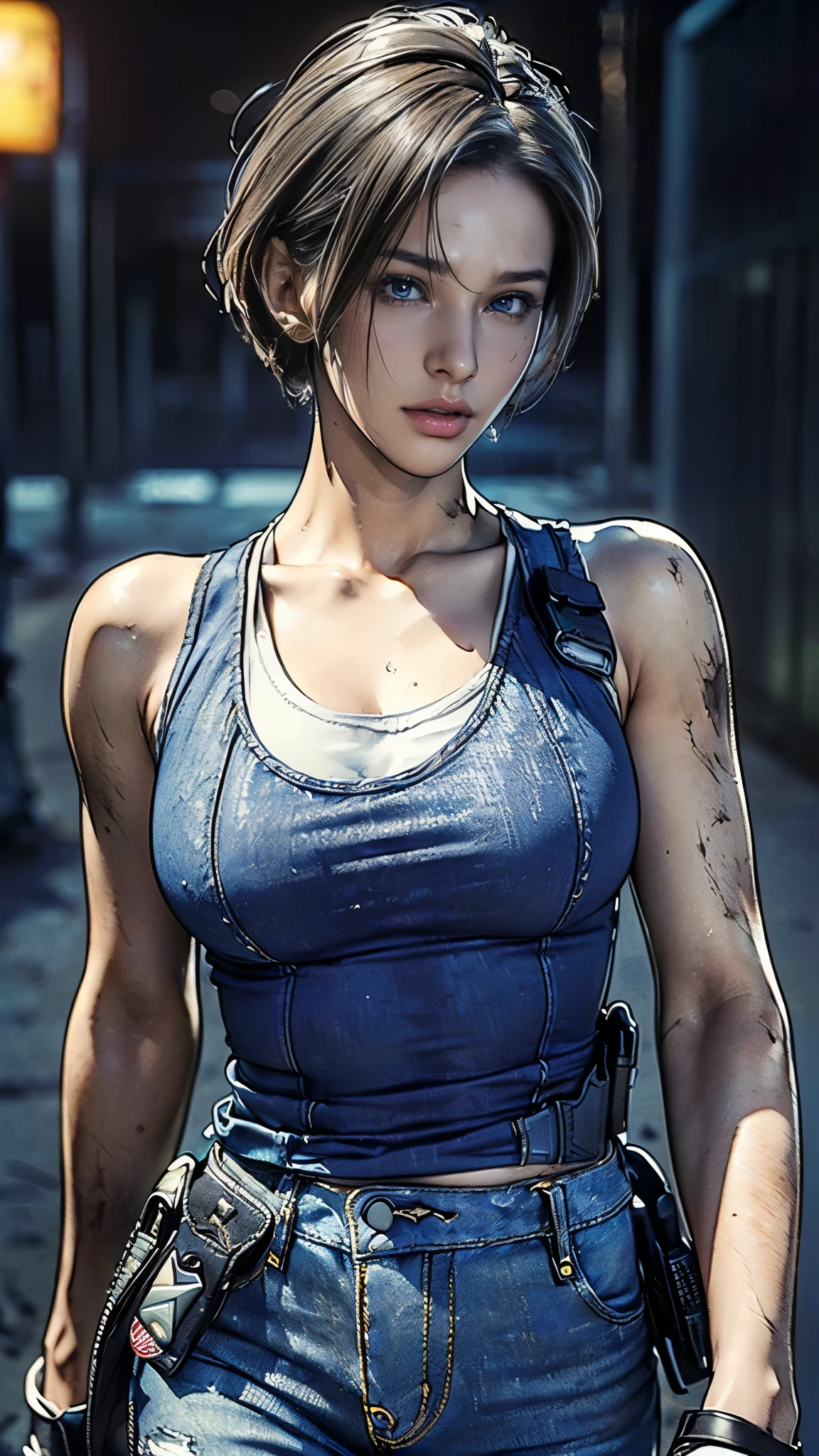 (eine Frau),(ganzer Körper:1.5),(Vorderseite:1.5),(((Jill Valentine steht:1,5))),((blaues Tanktop:1.5)),((Schmutzige Jeans:1.5)),(schwarzes taktisches Holster:1.5),((weiße Turnschuhe:1.5)),BRECHEN((anger:1.5)),(kurzes Haar:1.5),(schmutziges Gesicht:1.5),(Wunderschöne Augen:1.3),(Sehr detailiertな顔:1.5),((Sehr detailiertな女性の手の描画:1.5)),((muskulös:1.5)),((Sexy Looks:1.5)),(schöner Körper:1.5),(sehr sinnlich:1.5),BRECHEN(Der Hintergrund ist eine Nachtstadt im amerikanischen Stil:1.5),((Biohazard-Stil:1.5)),(((Den Hintergrund verwischen:1.5))),(Geschriebene Grenztiefe:1.5),BRECHEN(((Meisterwerk:1.5),(höchste Qualität:1.5),(Sehr detailiert:1.5),(hohe Auflösung:1.5),(Realistisch:1.5),(fotorealistisch:1.5),(Feine Darstellung),(Sorgfältige Darstellung))),8k,HINTERGRUND