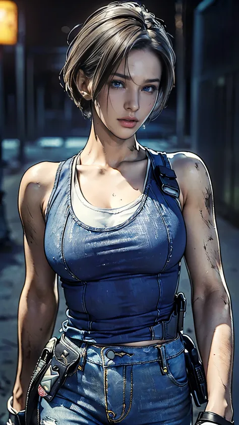 (One Woman),(whole body:1.5),(front:1.5),(((Jill Valentine is standing:1,5))),((Blue tank top:1.5)),((Dirty jeans:1.5)),(black t...