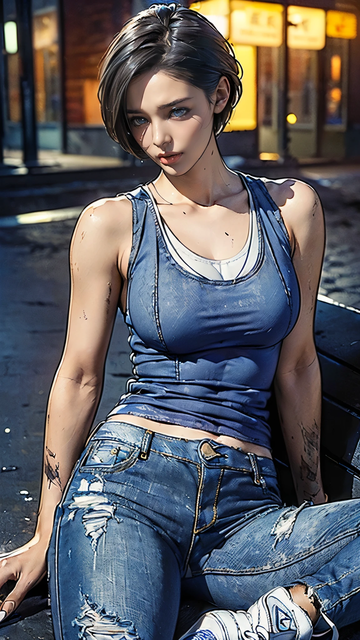 (One Woman),(whole body:1.5),(front:1.5),((Jill Valentine sits tired:1,5)),((Blue tank top:1.5)),((Dirty jeans:1.5)),((Plain white sneakers:1.5)),BREAK((Tired look:1.5)),(short hair:1.5),(Dirty Face:1.5),(Beautiful Eyes:1.3),(Very detailedな顔:1.5),((Very detailed drawing of a female hand:1.5)),((muscular:1.5)),BREAK((Sexy Looks:1.5)),(Beautiful body:1.5),(Very sensual:1.5),(The background is an American-style night city:1.5),((biohazard style:1.5)),(((Blur the background:1.5))),(Written boundary depth:1.5),BREAK(((masterpiece:1.5),(highest quality:1.5),(Very detailed:1.5),(High resolution:1.5),(Realistic:1.5),(Photorealistic:1.5),(Delicate depiction),(Careful depiction))),8k,wallpaper