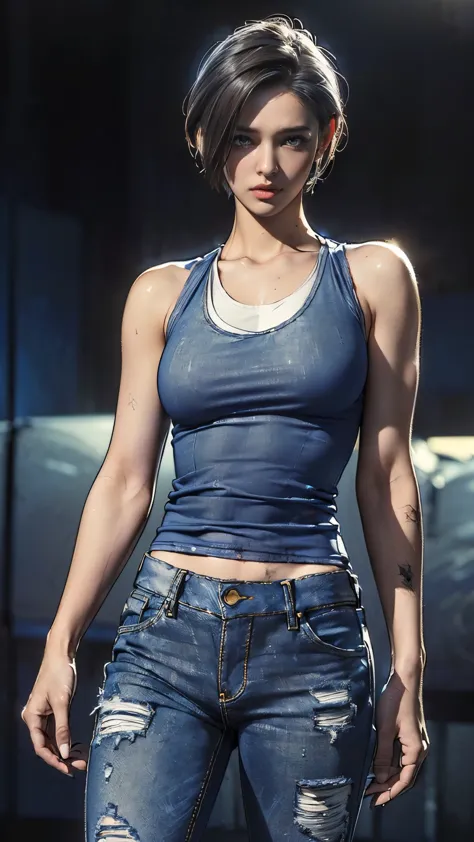 (one woman),(whole body:1.5),(front:1.5),(((jill valentine is standing:1,5))),((blue tank top:1.5)),((dirty jeans:1.5)),(black t...