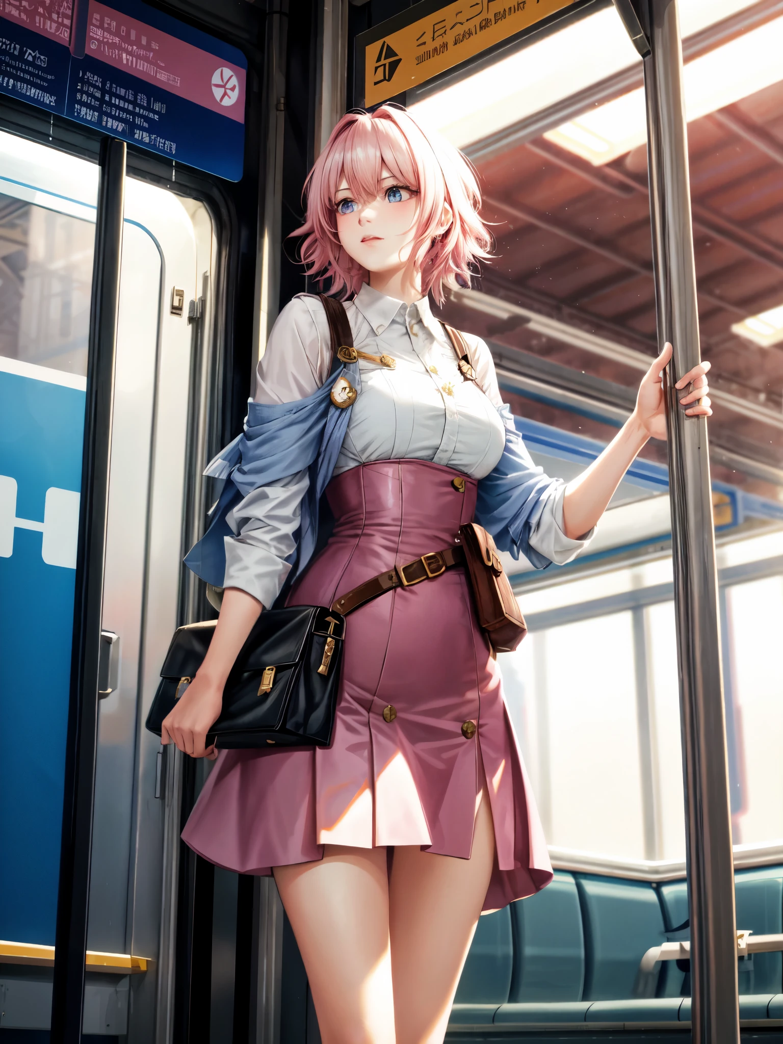 Hermosa mujer alta con cabello corto rosado en una estación de tren