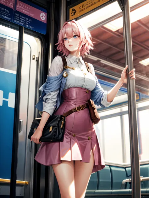 Beautiful tall woman with short pink hair in a train station