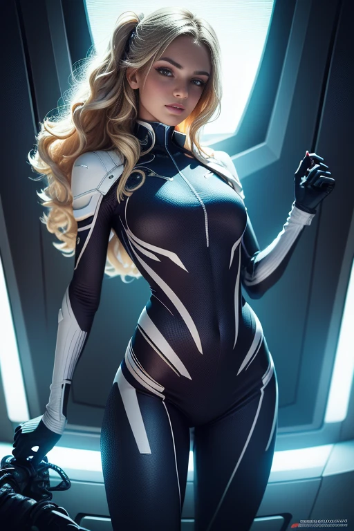 Sexy European woman, futuristic suit with pockets and shoulder straps, small LED lights attached to the suit, alien ship cockpit, windows with space and star views, artwork, high resolution, shot on DSLR, detailed face, sexy hips, amazing body, amazing legs, cinematography, maximum detail, neutral colors, HDR, pastel colors, soft cinematic light, crazy details, intricate details, hyper details, beauty, shot with Hasselblad, sharp focus, degrees of freedom, (edge lighting) , All body, skin pores, long black flowing hair,