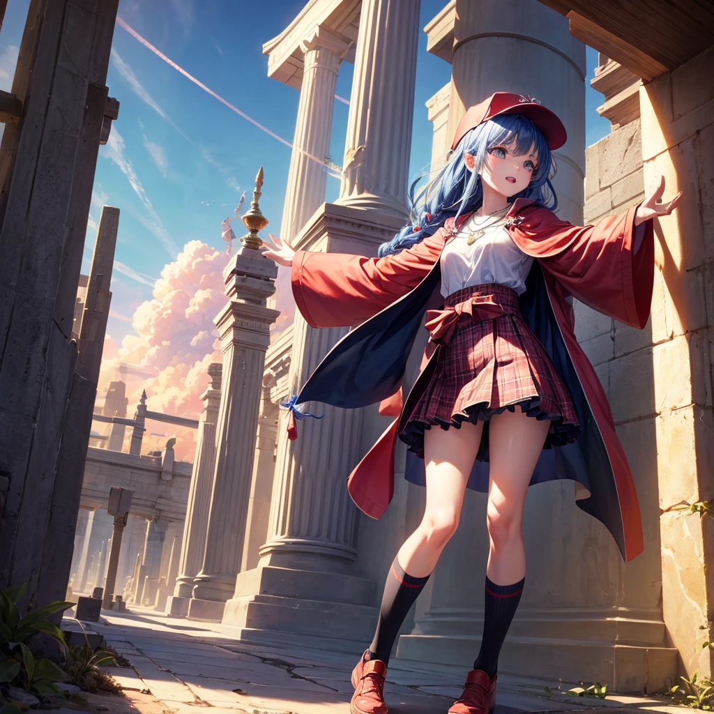 Red Blue Hair、Golden Eyes、Braid、One good looking girl、solo、anime、Checkered mini skirt、Ruffles on the skirt、Red T-shirt、Cape、Gothic、Black knee-high socks、Wearing a baseball cap、Wearing a ribbon、Ribbon on waist、Tilting face、Teeth are visible、Sunset sky、Piercing the clouds、Contrail、Cumulonimbus、Pillar of Light、Silver coin necklace、A world of light、Spreading his arms for balance、shine、Tap from above、bell、torii、Desert Oasis、Magic square in the sky