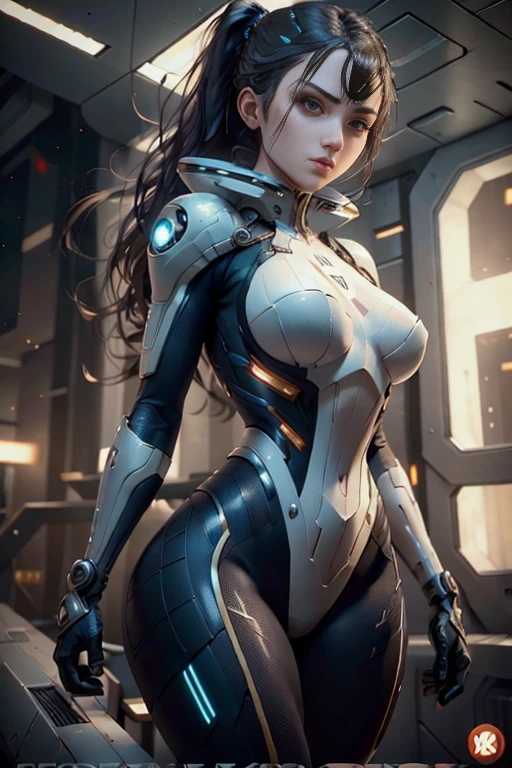 Sexy European woman, futuristic suit with pockets and shoulder straps, small LED lights attached to the suit, alien ship cockpit, windows with space and star views, artwork, high resolution, shot on DSLR, detailed face, sexy hips, amazing body, amazing legs, cinematography, maximum detail, neutral colors, HDR, pastel colors, soft cinematic light, crazy details, intricate details, hyper details, beauty, shot with Hasselblad, sharp focus, degrees of freedom, (edge lighting) , All body, skin pores, long black flowing hair,