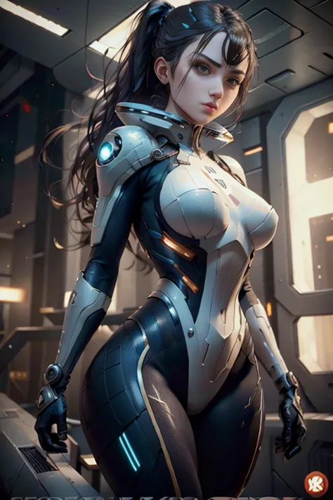 Sexy European woman, futuristic suit with pockets and shoulder straps, small LED lights attached to the suit, alien ship cockpit...