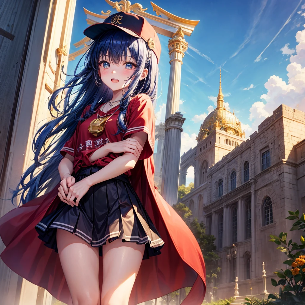 Red Blue Hair、Golden Eyes、Braid、One good looking girl、solo、anime、Checkered mini skirt、Ruffles on the skirt、Red T-shirt、Cape、Gothic、Black knee-high socks、Wearing a baseball cap、Wearing a ribbon、Ribbon on waist、Tilting face、Teeth are visible、Sunset sky、Piercing the clouds、Contrail、Cumulonimbus、Pillar of Light、Silver coin necklace、A world of light、shine、Tap from above、bell、torii、Desert Oasis、Magic square in the sky