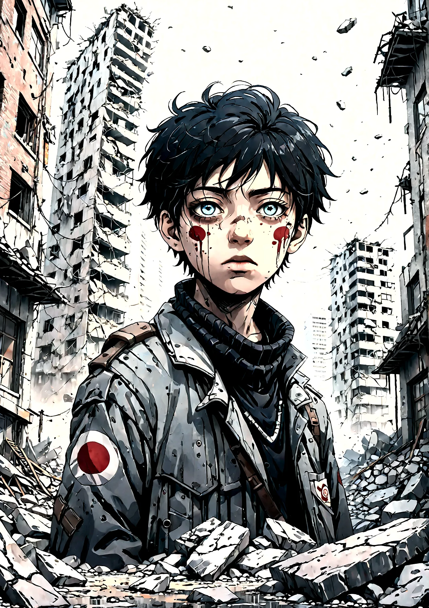 A boy in a collapsing Japanese city, floating rubble, beautiful detailed eyes, beautiful detailed lips, extremely detailed eyes ...