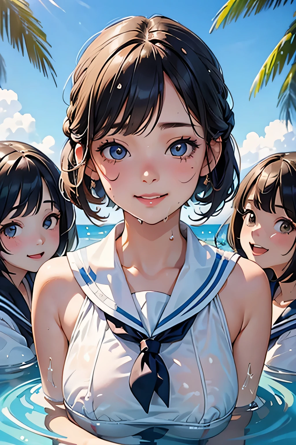 highest quality、High resolution、Detailed Background、Beautiful face in every detail、Anatomically correct、Detailed facial expressions、(Detailed eyes:1.2)、(Highly detailed face:1.4)、(Huge breasts:1.1)、cute hair color、Braided bob cut、Braided Ponytail、Teenage beauty、Sailor Bikini、Sailor School Swimsuit,(White sailor collar)、My whole body gets wet、Wet and see-through swimsuit、Water play spot、Water slide、Water play event、sexual expression、smile、cute hairstyle、In a joking manner、(Three girls having fun:1.5)、Smiling、Throwing water at each other、cute