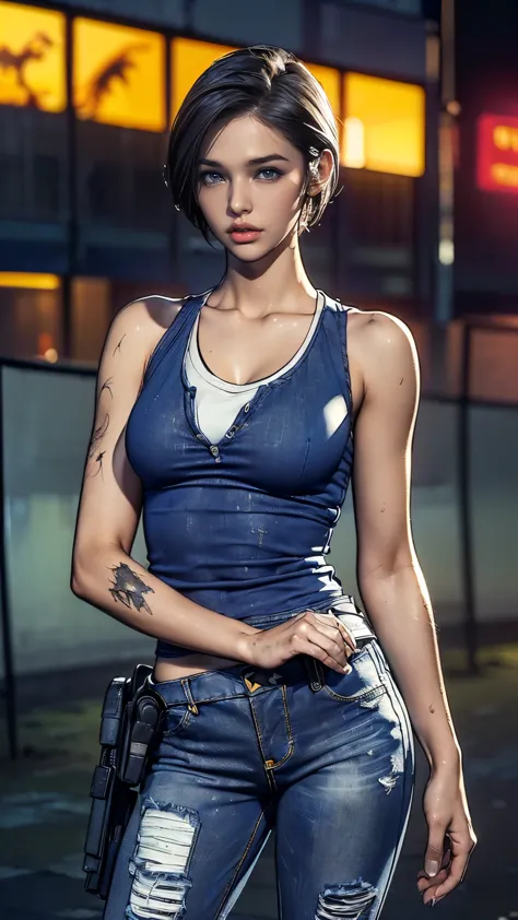 (one woman),(whole body:1.5),(front:1.5),(((jill valentine is standing:1,5))),((blue tank top:1.5)),((dirty jeans:1.5)),((black ...