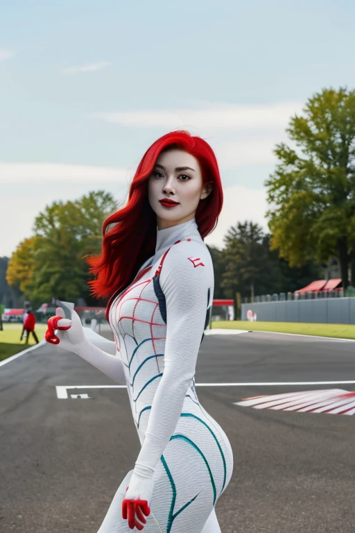 (​masterpiece:1.4)、(top-quality:1.4)、
1girl in, F1's bewitching grid girl, Red-haired, looking at the viewers, solo ,realisitic,(shinny skin),(​masterpiece:1.4),(top-quality:1.4),red-lips、racing venue, white bodysuit