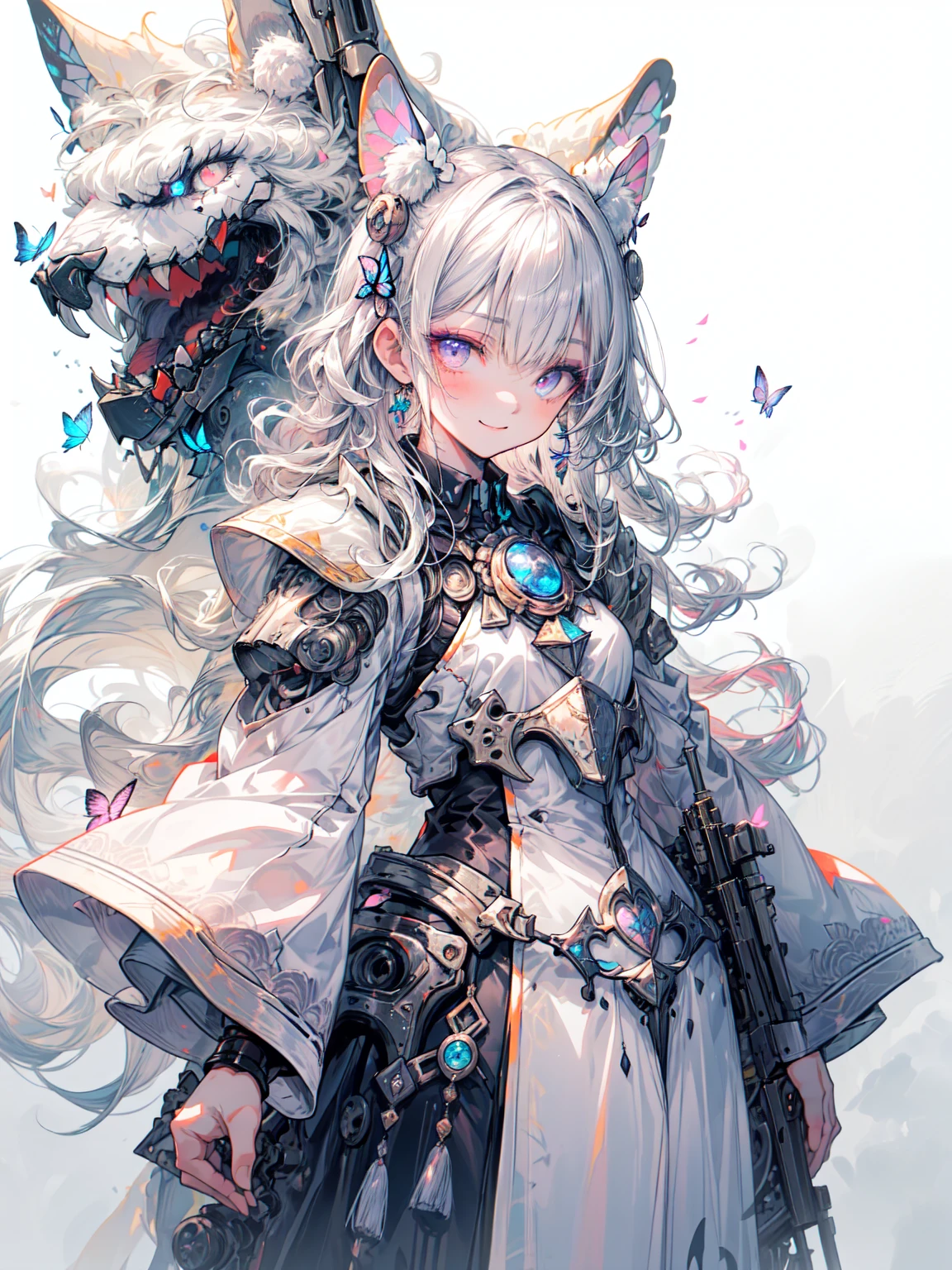 (Gray Hair:1.2),(bright青い目:1.3),(髪がたくさんあるLong Hair:1.2),(Fluffy curly hair:1.2),(With bangs),blush,(White Armor:1.35),(Women&#39;s Armor Suit:1.4),(Smooth body lines:1.3),(Her chest is sticking out:1.25),(The whole body is covered in machinery:1.3),(Mechanical arms with wide cuffs:1.4),(There are wires coming out from everywhere),(Oversized launcher and rifle:1.35),(Run through the battlefield with style:1.2),(Light with weapons々Fight with:1.25),(Glowing butterfly wings:1.35),Blake、（Dark Elf), (1 girl), alone, Perfect Face, Get used to it, Ahoge, ((Long Hair:1.2)), (Hair above one eye:1.3), [[Messy Hair]], Shiny blonde white hair, Purple eyes, Variegated eyes, Colorful Hair, Shining Eyes, (eyelash, eye shadow, pink eye shadow), bright, smile, design art by Mikimoto Haruhiko, by Kawashi, by Yoshitaka Amano
