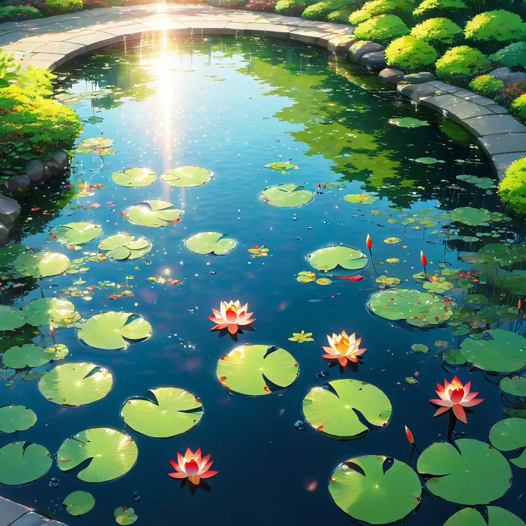 Pool, water surface, Silence, green, Waterweed, lotus leaves, carp, vivid, red, white, orange, pattern, grace, swim, water pattern, reflection, rainbow, Seven Colors, Gradation, arch, beautiful, Fantasy, mysterious, after the rain, sun, Light, Water Drop, Sparkle, Japanese wind garden, Japanese garden, Silence, peace, Healing, vitality, Art of Nature, miracle, moment,beautiful Anime Scenery, Landscape painting, Beautiful digital painting, andreas rocha, Beautiful artwork illustration, Awesome Wallpapers, Raymond Han, tall beautiful painting, Studio Greeble Makoto Shinkai, beautiful wallpaper, Anime Scenery