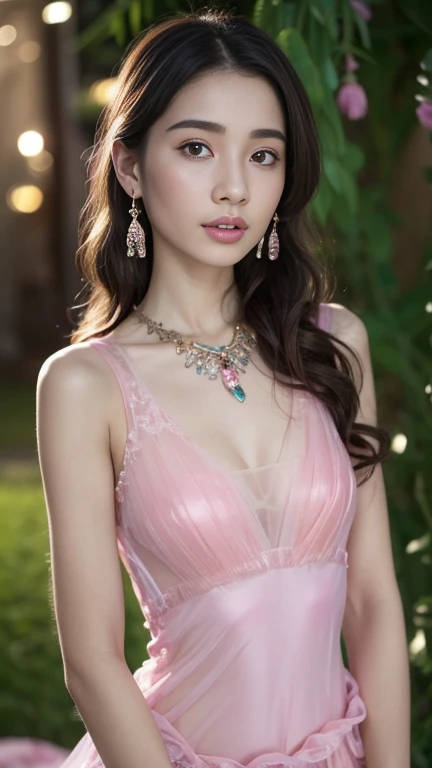 8K, ultra hd, masterpiece, 1 girl, (good face:1.4), detailed eyes, long hair, impressive hairstyle, earings, necklace, small breasts, (pink dress:1.5), see-through, (fantasy dress:1.5) Light-colored foundation brings out the transparency of the skin, (in the wonderland:1.5), mystery, diwali lights, glowing lights, very decoration, The lights falls like water, perfect front body,