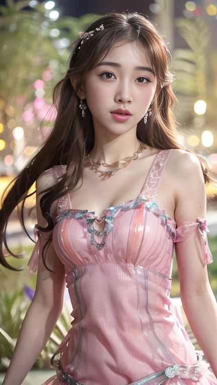 8K, ultra hd, masterpiece, 1 girl, (good face:1.4), detailed eyes, long hair, impressive hairstyle, earings, necklace, small breasts, (pink dress:1.5), see-through, (fantasy dress:1.5) Light-colored foundation brings out the transparency of the skin, (in the wonderland:1.5), mystery, diwali lights, glowing lights, very decoration, The lights falls like water, perfect front body,