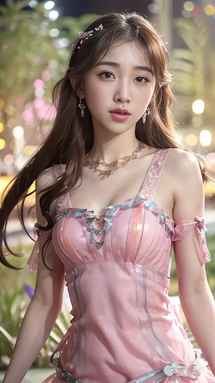 8K, ultra hd, masterpiece, 1 girl, (good face:1.4), detailed eyes, long hair, impressive hairstyle, earings, necklace, small bre...