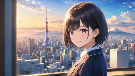 downtown tokyo, sunny sky with fluffy white clouds, building district, blur the background,a high school girl with short black h...