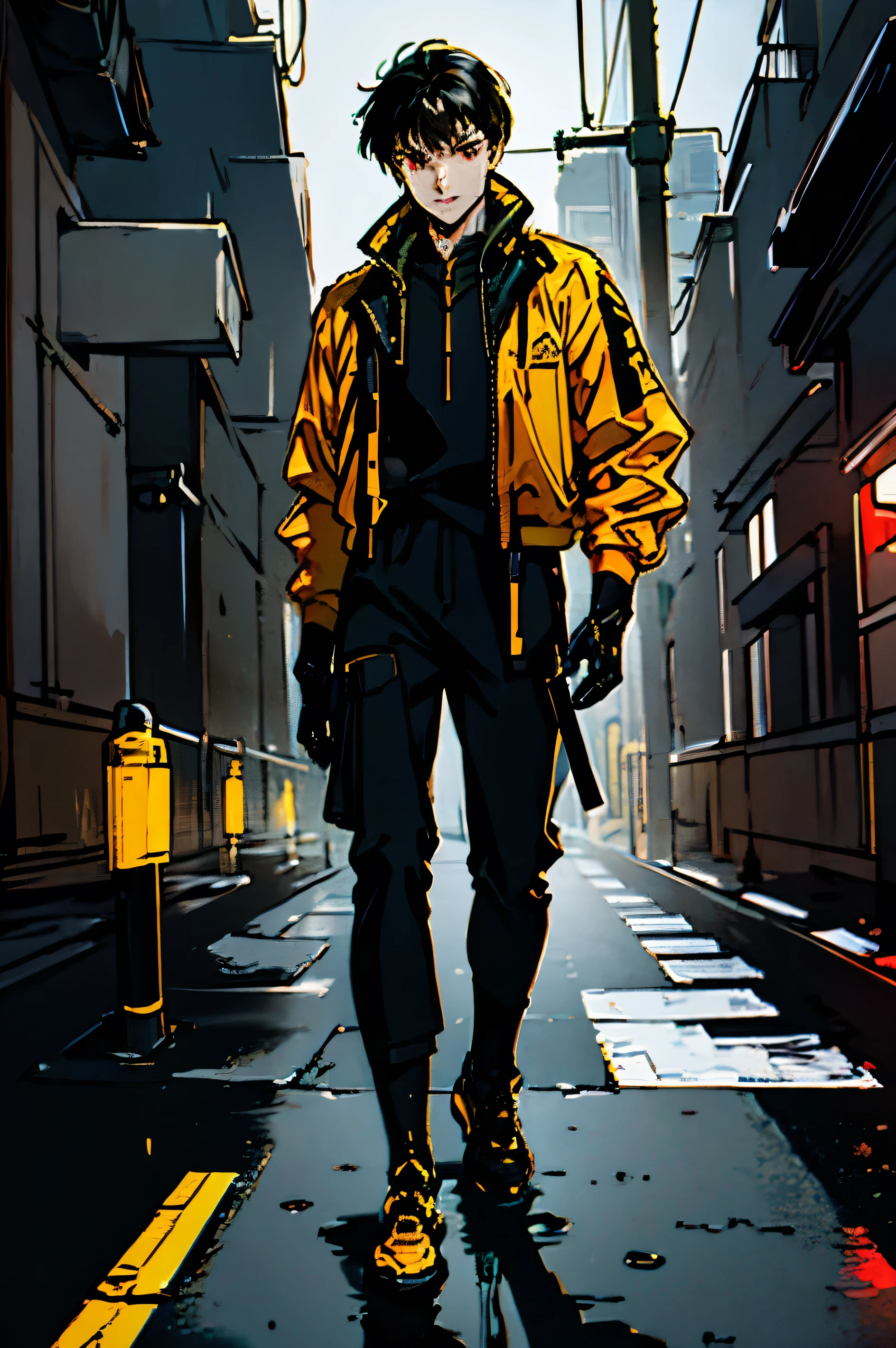 1 mature male cyborg, long dark hair, stands on the dark street, heavy rain, red eyes, beautiful, wearing yellow jacket and black t-shirt, grey pans, cyber punk, sc-fi, absurdres, high res, ultrasharp, 8K, masterpiece, looking at viewer, full body