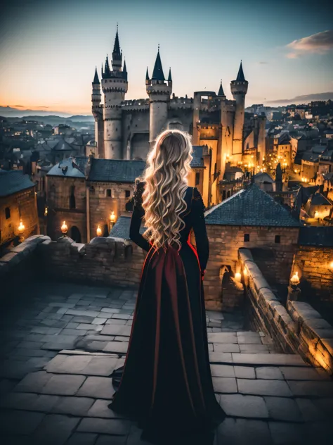 (back view), (full body), blonde, red lips, smiling, red-black gothic dress, (on the roof of the castle), medieval town in the b...