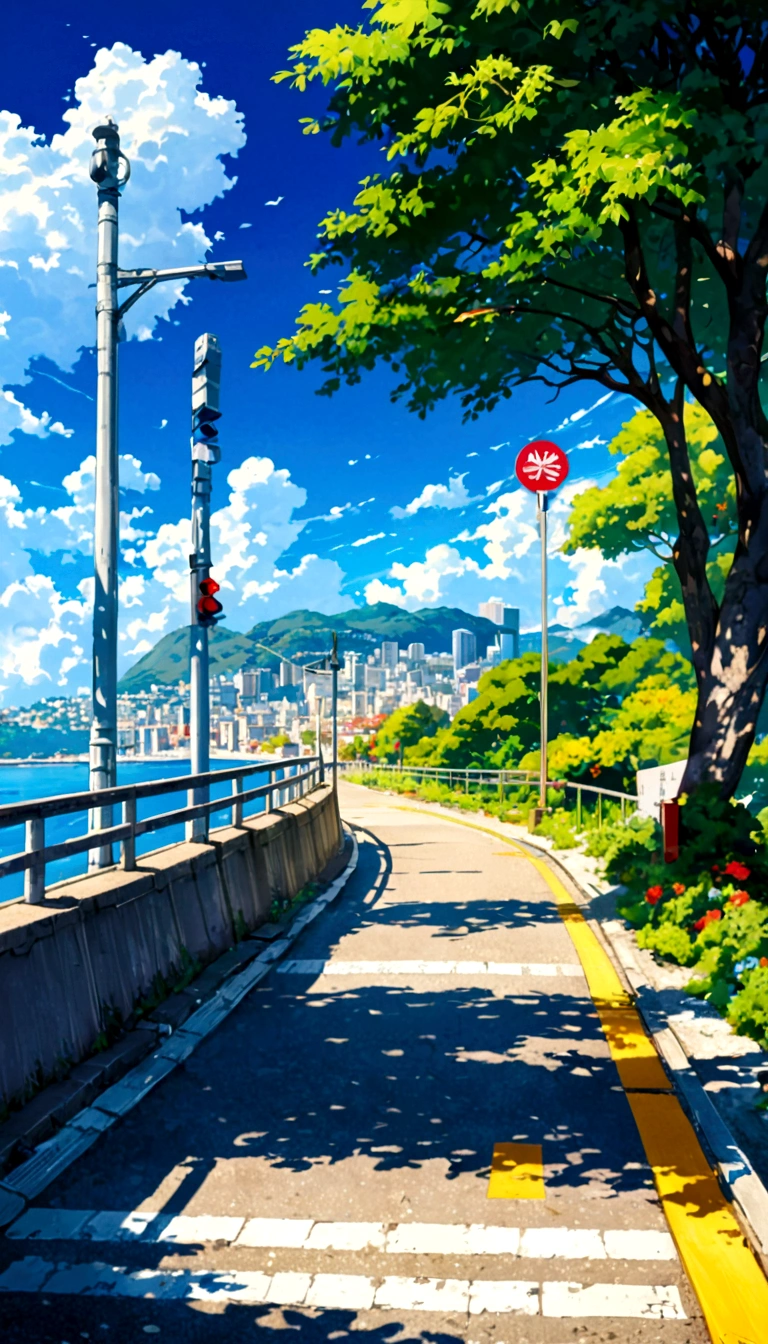 Une peinture d&#39;une rue près de l&#39;eau, Feux de circulation sur un poteau, rio de janeiro in an Mangas japonais film, Mangas japonais. auteur：Shinkai Makoto, Mangas japonais landscape, auteur：Shinkai Makoto, auteur：Shinkai Makoto, Mangas japonais landscape wallpaper, Mangas japonais scenery, hd Mangas japonais cityscape, Shinkai Makoto和 (chaîne de chien), Shinkai Makoto&#39;le style, haute résolution, Uhaute résolution, haute résolutionR, 32 mille,9:16