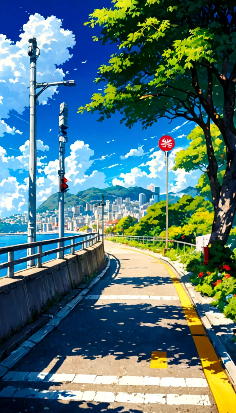 A painting of a street near the water, Traffic lights on a pole, rio de janeiro in an Japanese Manga film, Japanese Manga. autho...